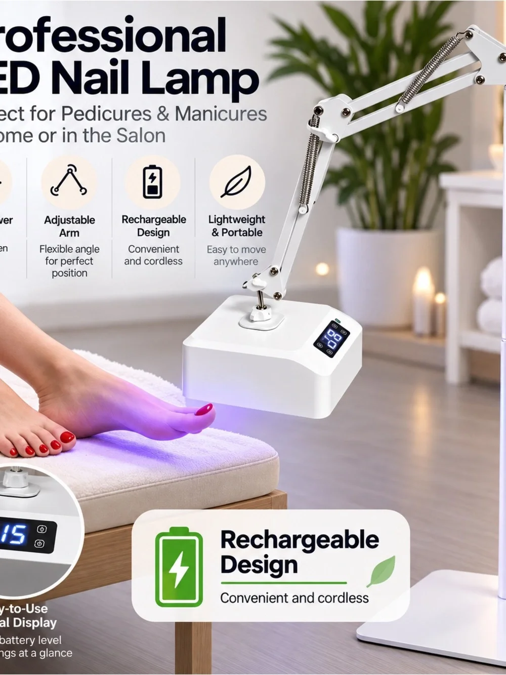 White LED Nail Lamp with Adjustable Arm - Professional Curing Station